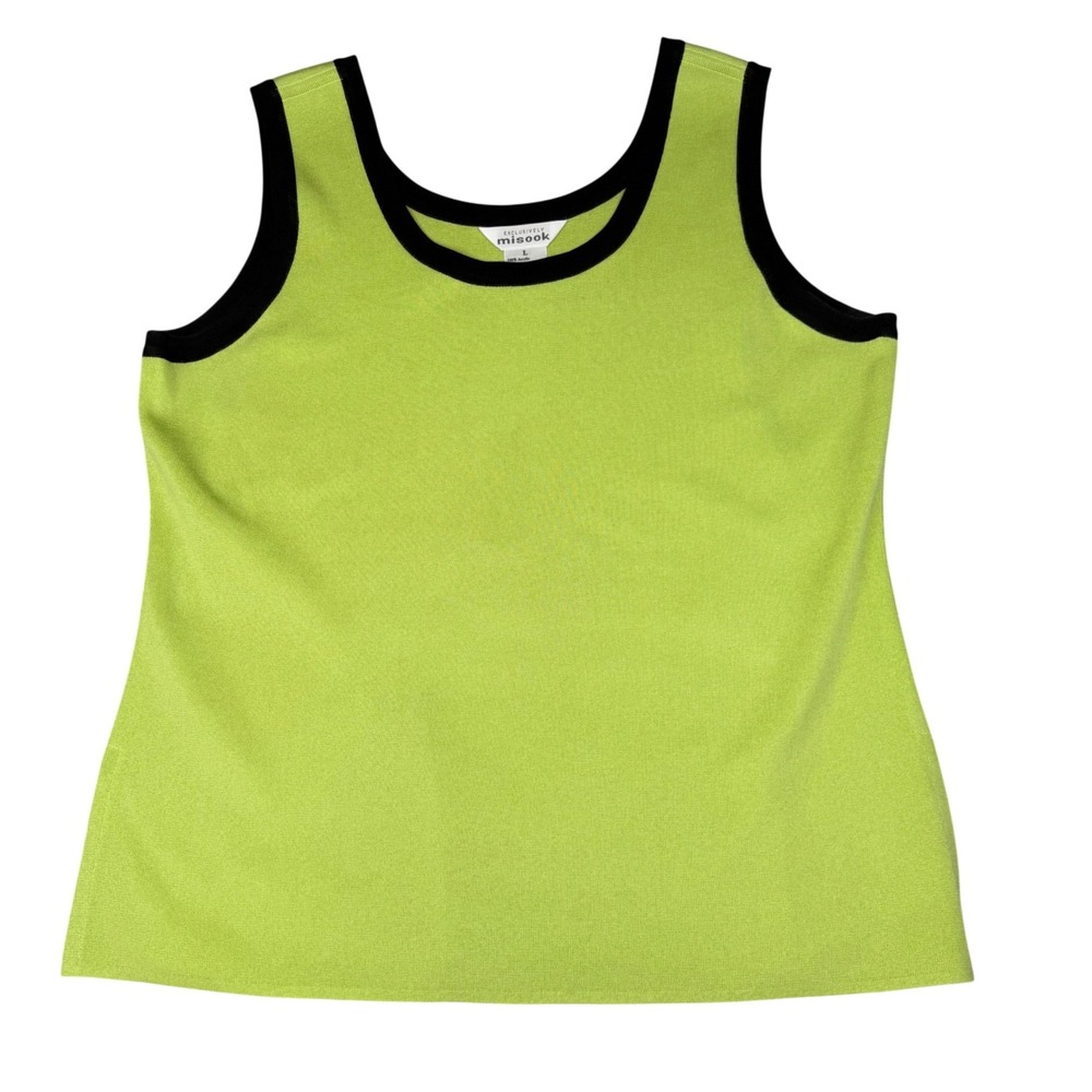 Misook Knit Tank Top Lime Green Black Trim Scoop Neck Shell Minimalist L